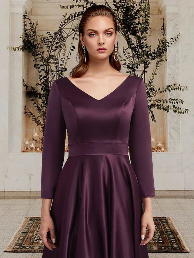 Wholesale A-Line Mother of the Bride Dress Plus Size Elegant V Neck Ankle Length Satin Long Sleeve with Pleats Solid Color